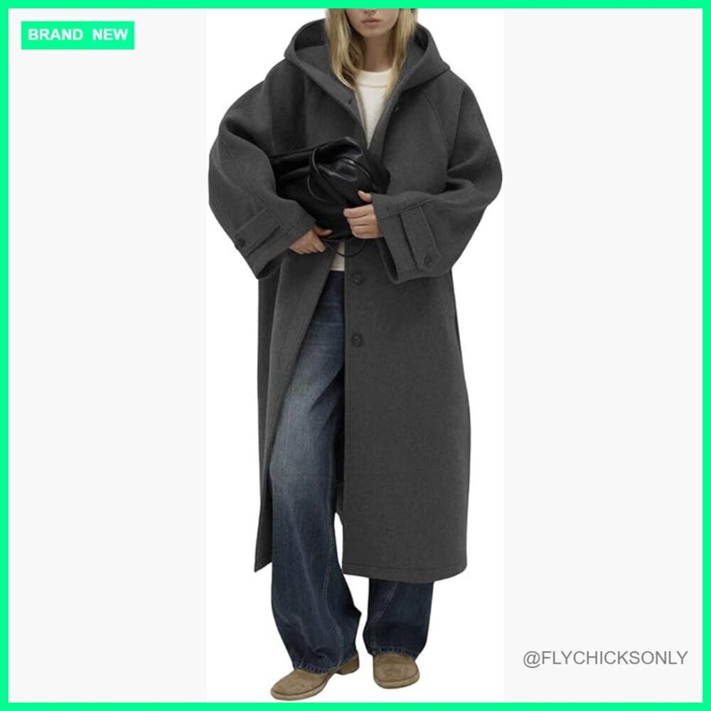 Wool Blend Trench Coat with Hood, Loose Fit Overcoat